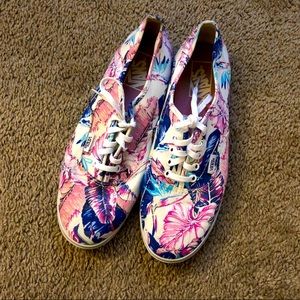 pink & blue floral/palm leaf vans